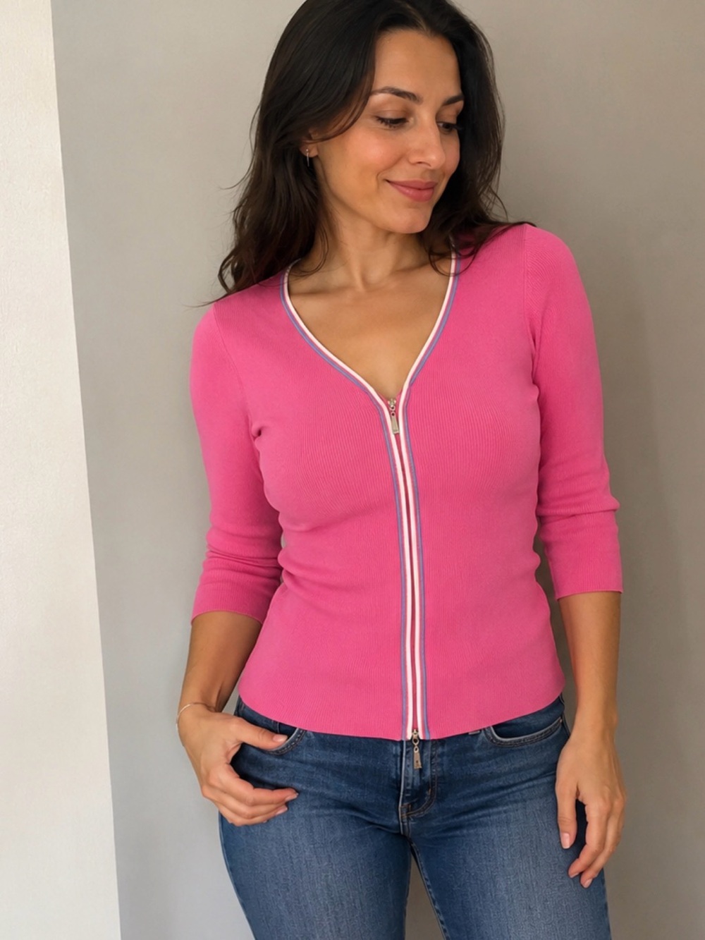 Strong Fashion Pink Ribbed Zip Front Knit Top Women’s M/L 3/4 Sleeve Stretch